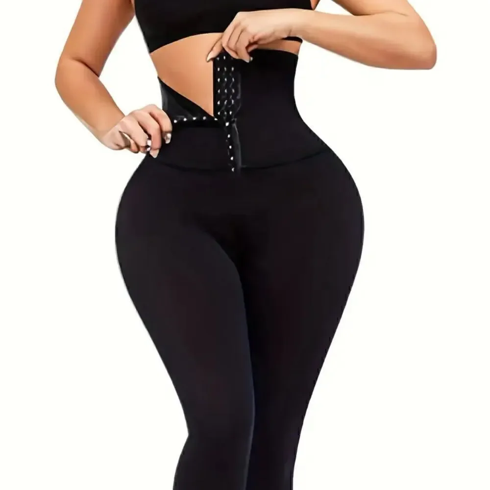 High Waist Skinny Black Leggings with 3 levels of sculpting hook and eye closure